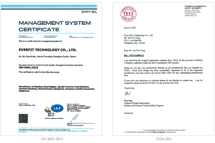 EFT ISO 9001 および TSSA 証明書