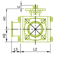 Vista lateral: Válvula de esfera sanitária de 3 vias