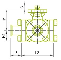 Vista lateral: Válvula de esfera sanitária de 3 vias