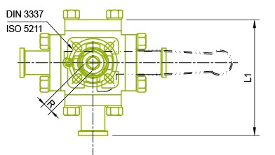 Vista superior: Válvula de esfera sanitária de 3 vias
