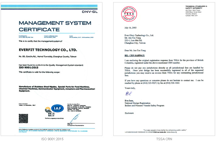 EFT ISO 9001 and TSSA certificates